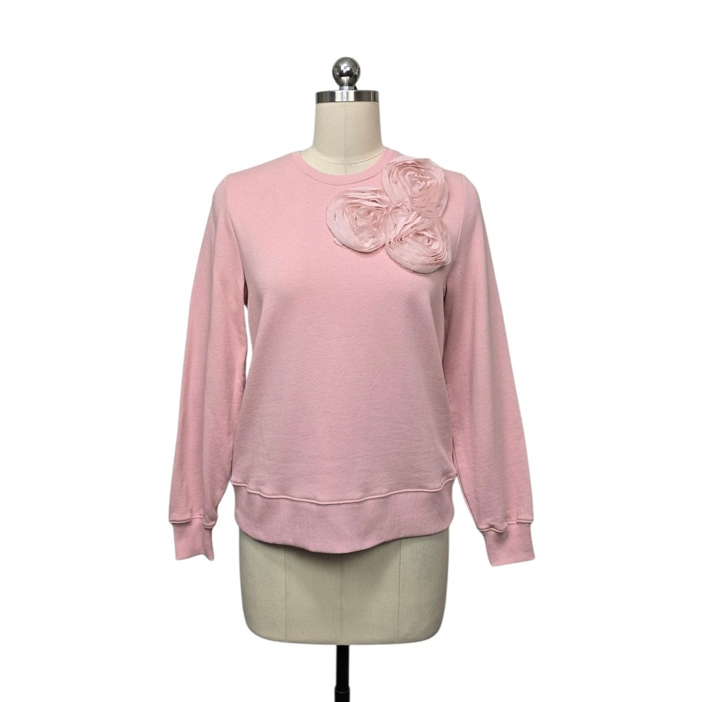 Maeve Anthropologie Pink Rosette Floral Applique Cotton Sweatshirt Size XXS NWT